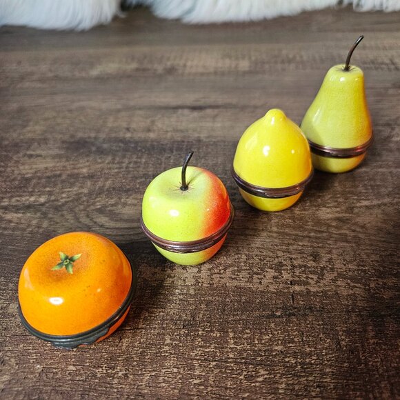 RARE! Set of 4 Halcyon Days Vintage Enamel Bonbonnieres Orange Apple Lemon Pear - Picture 1 of 10